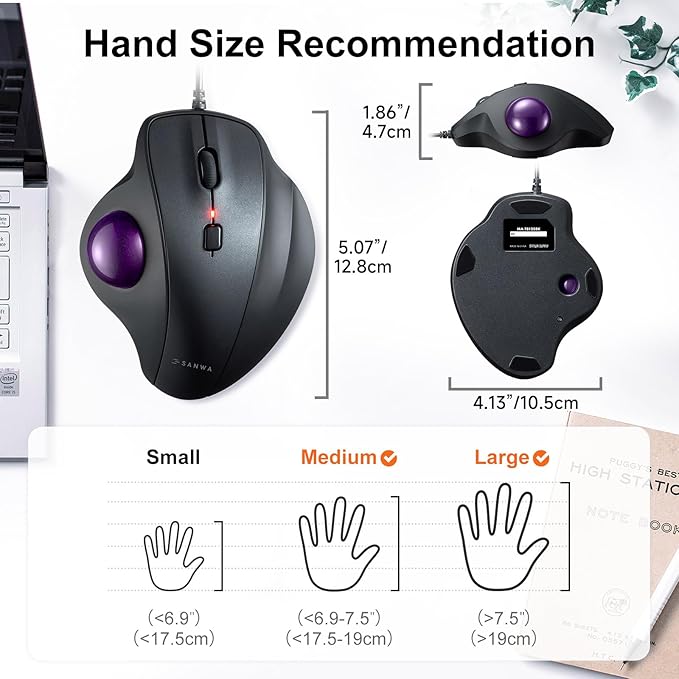 SANWA Wired Trackball Mouse, Silent & Programmable Buttons, Ergonomic Roller Ball to Reduce Wrist Strain, Thumb Control, USB-C & USB-A Port, 600-1600 DPI, Compatible with Win, Mac, PC, Laptop, Purple