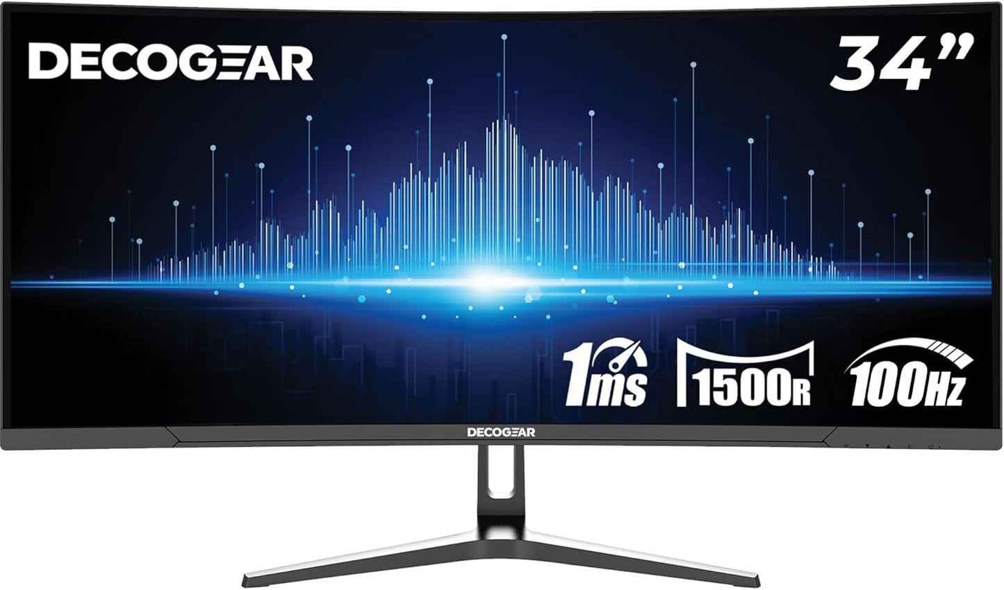 Deco Gear 34” Curved Ultrawide Business Monitor | 3440x1440, 100Hz, 1500R, 99% sRGB | Adjustable Stand, 2 HDMI and 2 DisplayPort | HDR, Low Blue Light, PIP/PBP
