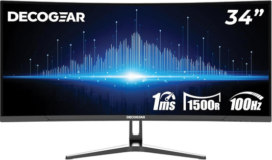 Deco Gear 34” Curved Ultrawide Business Monitor | 3440x1440, 100Hz, 1500R, 99% sRGB | Adjustable Stand, 2 HDMI and 2 DisplayPort | HDR, Low Blue Light, PIP/PBP