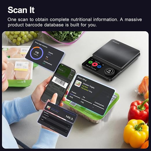 Smart Food Kitchen Scale with Nutritional Calculator, Timer, 0.1g High Precision Kitchen Scale, Free App with 27 Nutrients Tracking, Digital Grams and Ounces for Weight Loss,11lbs/5kg (Black)