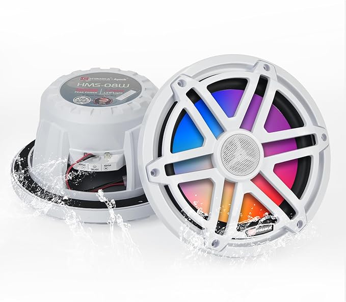 H YANKA HMS-08W 8" Marine Speakers - 1000W 2-Way IP67 Waterproof Boat Stereo System with LED Lights, High-Fidelity Coaxial Speakers, Y30 Magnet Woofer, UV & Salt Spray Resistant - 1 Pair (White)
