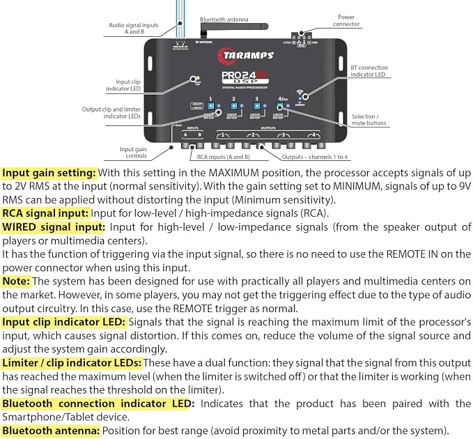 Taramps Pro 2.4 BT Bluetooth DSP Crossover Full, Digital Signal Processor, Car Audio Equalizer with App, Gain up to 9V, 15 Band Graphic Equalization, 12 preset EQ, 2 in and 4 Out, High Level Input
