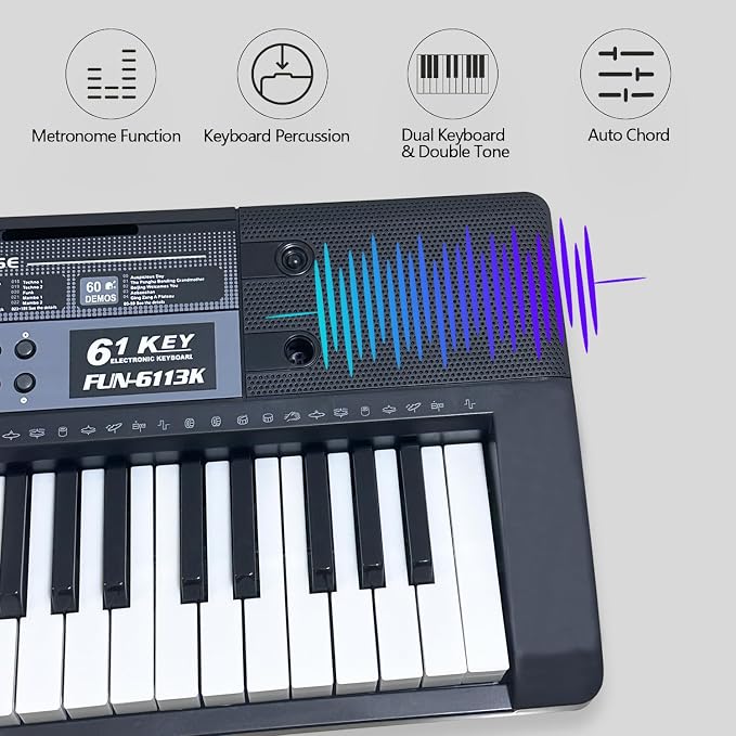 61 Key Electronic Keyboard Piano with Lighted Up Keys, Musical Mini Keyboard Piano with keyboard stand, Digital Portable Synthesizer Keyboards for Beginners Kids Adults (Black)