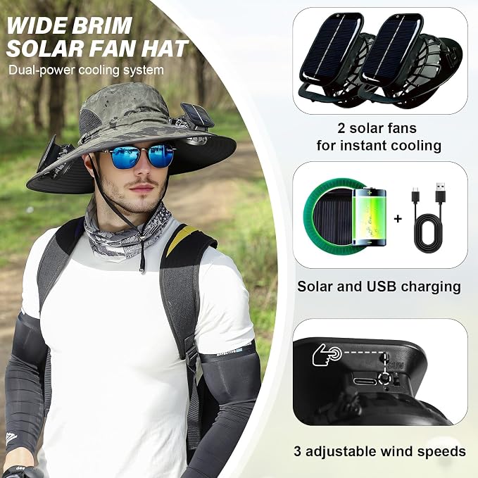 Solar Fan Hat,Wide Brim Solar Powered Fan Hat,Sun Hat with 2 Built-in Fans for Men