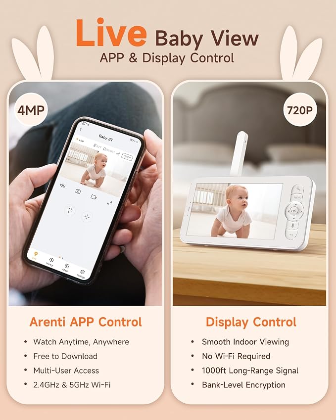 ARENTI 2026 Upgraded 4MP 5G WiFi Baby Monitor with App, Colorful Night Light, 2-Way Audio, Motion Detection & Auto Tracking, Alert Zone, Temp&Humidity Sensor, App Control