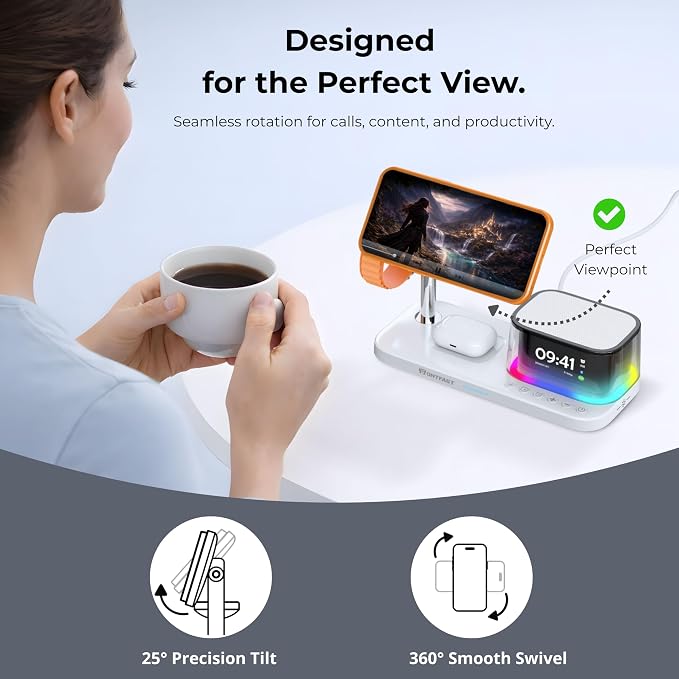 Qi2.2 25W Magnetic Wireless Charging Station, 5-in-1 Charger Stand with Bluetooth Speaker, Alarm Clock & Night Light for iPhone 12–17, Apple Watch, AirPods, Galaxy & Pixel (Qi)