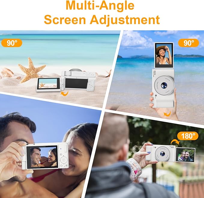 5K UHD Digital Camera for Photography, Autofocus 80MP Vlogging Camera for YouTube, 3" 270° Flip Screen Dual Lens Selfie Camera with18x Digital Zoom, 64GB SD Card, 2 Batteries & Charger,White