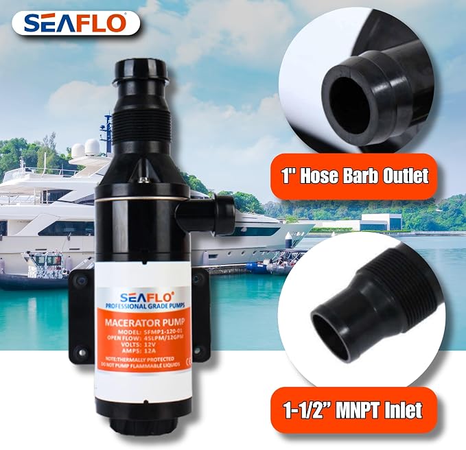 SEAFLO 01 Series Macerator Pump - 12V, 12 GPM (45 LPM) Open Flow, Self-Priming, Anti-Clog, Run-Dry, Heavy-Duty for RV, Boats, Yachts, Camper, & Marine, CE & Rohs Certified, 4-Year Warranty
