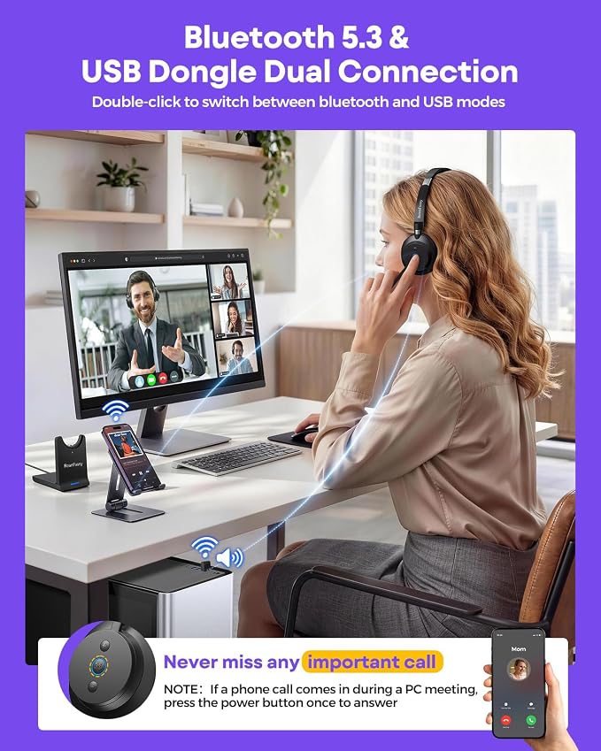 Wireless Headset with Mic for Work-Bluetooth Over Ear Headphones with Microphone,Noise Cancelling with Mute & USB Dongle for Computer/Phones/Remote Work/Call Center,Lightweight All Day Comfort