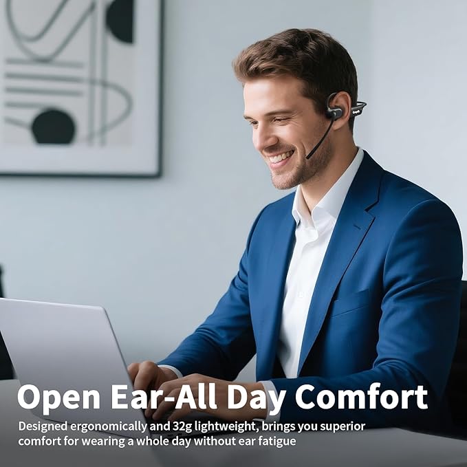 Open Ear Headphones with Mic, Wireless Headset with AI Noise Cancellation Microphone Bluetooth 5.4 Bluetooth Headset with Mic Air Conduction Headphones for Work Call Meeting Driving