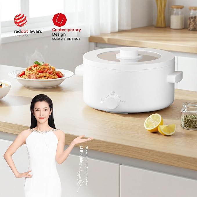 Hot Pot Electric, 3L Portable Electric Pot with Ceramic Non-stick Coating, Dual Power Multi-functional Romen Cooker for Steak, Pasta, Hot Pot, Ramen (Ceramic (inner surface), White)