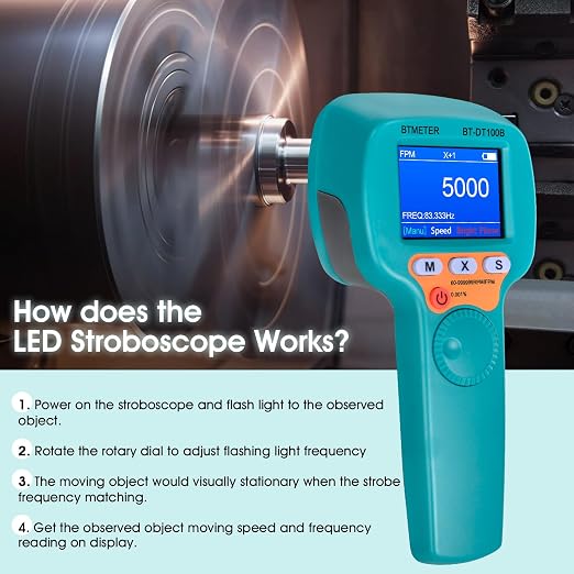 BTMETER Stroboscope Strobe Light Tachometer Non Contact Measure 60-999999 RPM/FPM Velocity Hz with 0.001% Accuracy, Handheld Speedometer Gun DT100B for Car Engine Gear Motor Troubleshoot