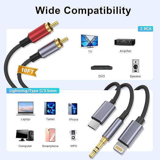 USB C 3.5mm to RCA Cable, Lightning to RCA Male to Aux Audio Adapter, HiFi Sound, Headphone Jack Adapter, 3 in 1 Audio Cable Connector for iPhone/iPad, Speaker, MP3, Tablet, HDTV 10FT