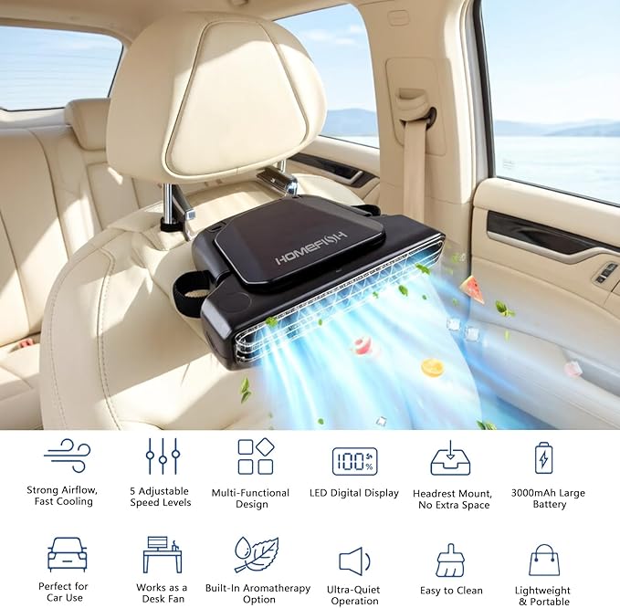 Car Seat Fan for Backseat, Mini Portable Fan for Rear Facing Car Seat, Rechargeable USB Baby Fan with 5 Speeds, Quiet Personal Cooling Fan for Kids Toddler Travel