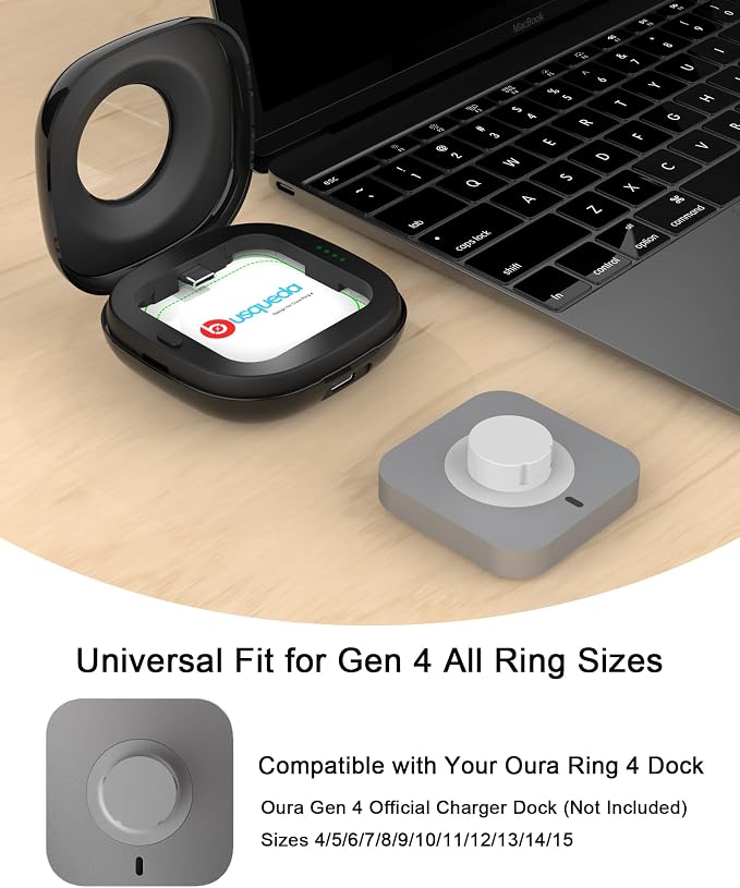 Portable Charging Case Compatible with Oura Ring 4 Charger, Fits Gen 4, Up to 10 Ring Charges, Compact Travel Protective Case, Black (Official Charger NOT Included)