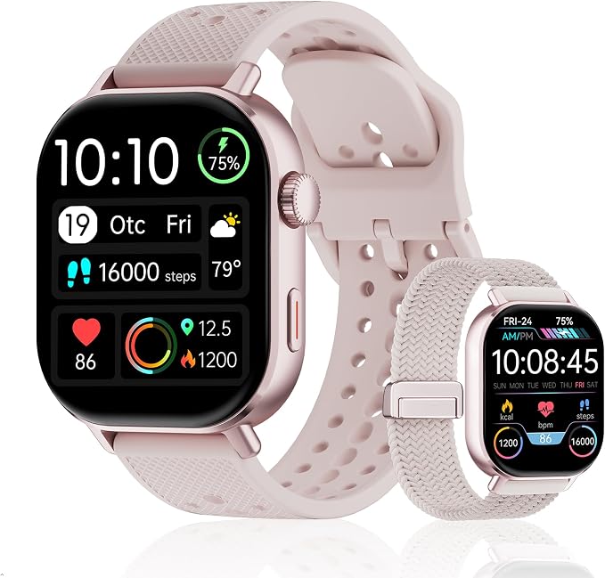 2026 Distance & Pace GPS Running Watch for Runners - Call & Text, AMOLED Large Screen, 50m Waterproof Swimming, Calorie & Step Counter, 2 Bands, Long Battery, for Seniors Men Women (Pink)