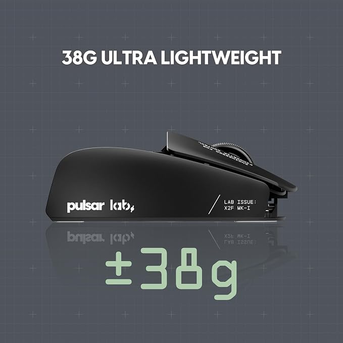 Pulsar Gaming Gears LAB X2F Wireless Fingertip Gaming Mouse, Ultra Lightweight 1.34 oz (38 g), HUANO Blue Pink Dot Switches, 32,000 DPI, 750 IPS, XS-1 Sensor, 8K Compatible (Black)