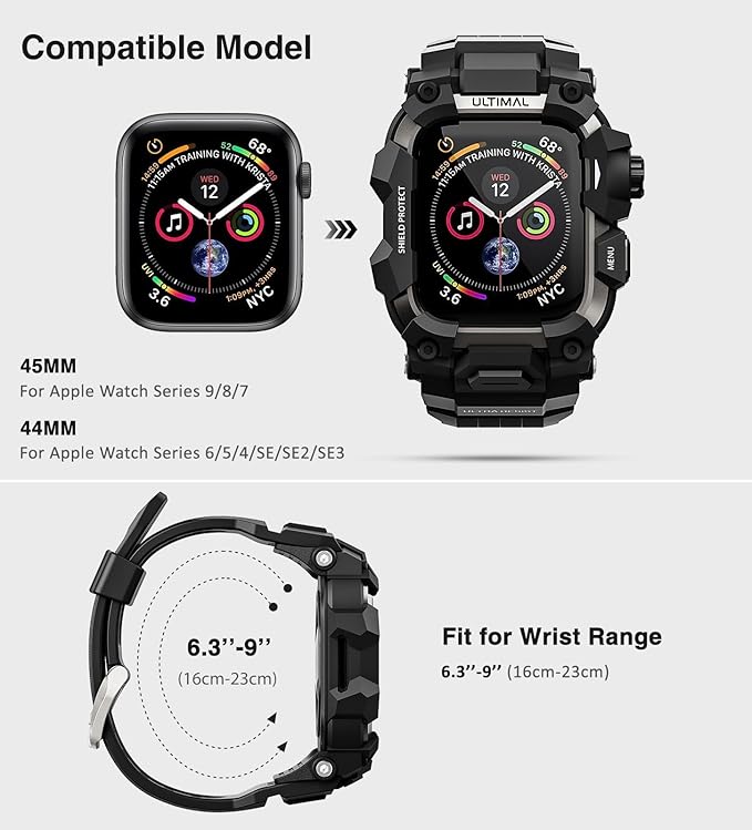 ULTIMAL Rugged Case with Band for Apple Watch 44mm,Compatible with Apple Watch Series SE 3/SE 2/SE Generation/6/5/4, Military Grade Shockproof Bumper Cover for iWatch Tactical Band Men (Black, 44mm)