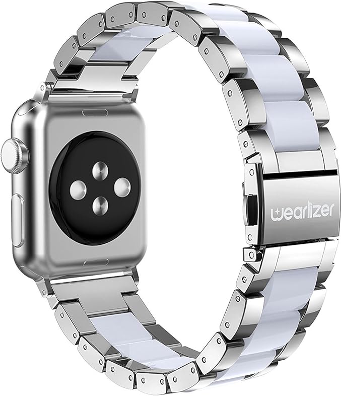 Wearlizer Silver Compatible with Apple Watch Band 38/40/41/42mm, Fashion Womens Men Stainless Steel Strap White Resin Wristband Replacement Metal iWatch Series 11 10 9 8 7 6 5 4 3 SE/Ultra 3 2 1