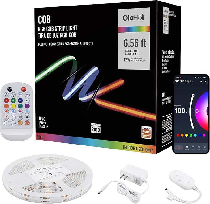 6.56ft Bluetooth RGB COB Led Strip Light, Color Changing with App, Music Sync COB Led Light Strip, Bright Flexible Multicolor Led Strip Light for Kitchen, Room, Party Decoration