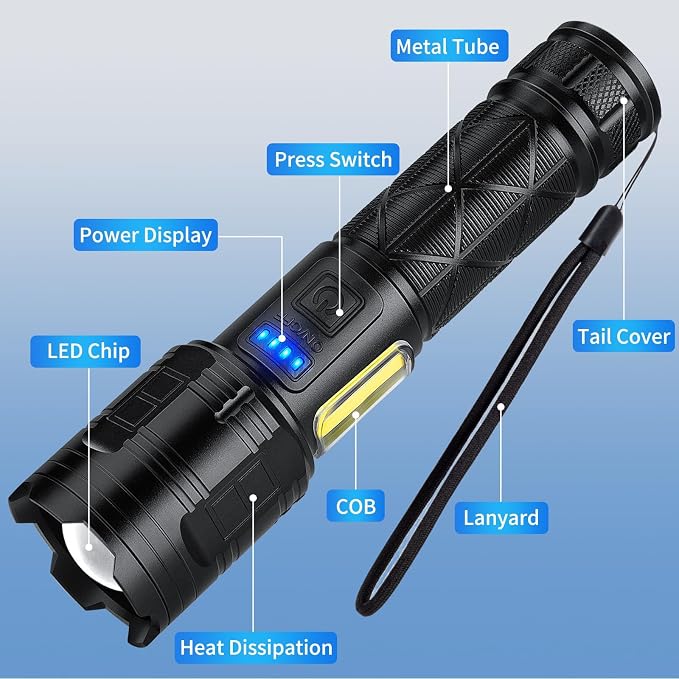 Rechargeable LED Flashlights High Lumens, 99,000 Lumen Super Bright Flashlight with 7 Modes & Waterproof, Powerful USB Rechargeable Handheld Flash Light for Camping Home