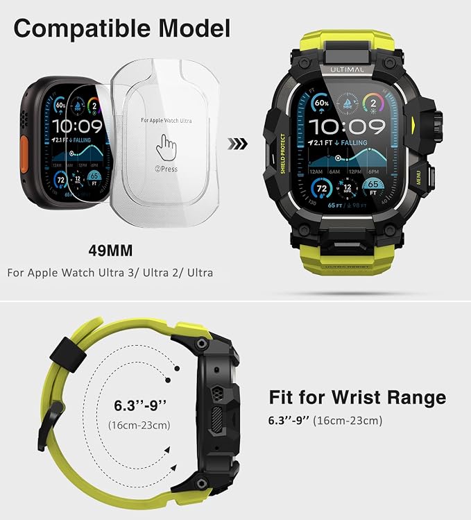 ULTIMAL Rugged Case with Band for Apple Watch 49mm,Compatible with Apple Watch Ultra 3/2/1, Military Grade Shockproof Bumper Cover for iWatch Tactical Band Men (49mm,Fluorescent Green)