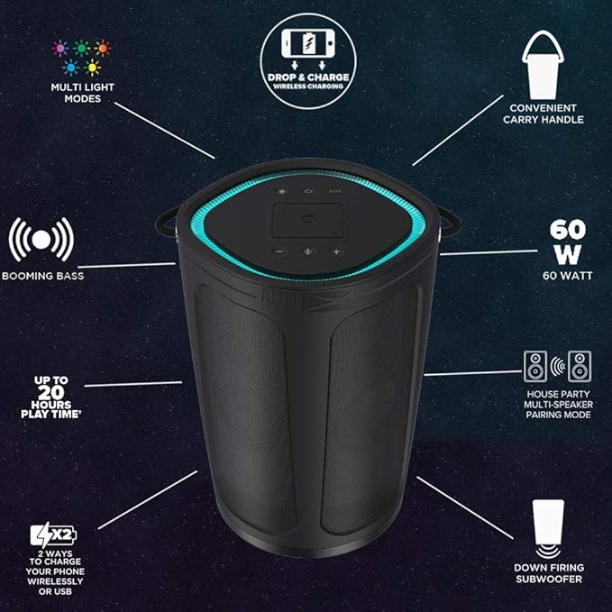 Altec Lansing Soundbucket XL - Waterproof Bluetooth Speaker with Customizable LED Lights, Qi Wireless Charging, 20 Hours Playtime & 100 Foot Range