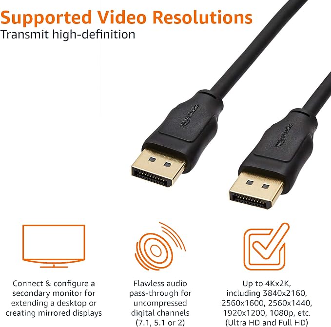 Amazon Basics DisplayPort to DisplayPort 1.2 Cable, 4K@60Hz, 2K@165Hz, 2K@144Hz Video Resolution, Gold-Plated Connectors, 3 Feet, Black (Pack of 2)