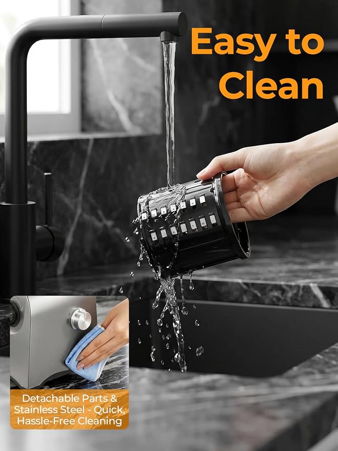FOHERE Upgraded Electric Cheese Grater, 300W DC Motor Salad Shooter, 6-in-1 Electric Vegetable Slicer Shredder with Widened Feeding Port for Block Cheese, Vegetables Nuts, One-Touch Control
