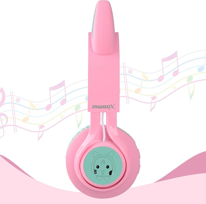 Riwbox CT-7 Cat Ear Kids Bluetooth Headphones, LED Light Up Bluetooth Wireless Over Ear Headphones with Microphone and Volume Control for Travel/School/Smartphones/Laptop/PC/TV (Pink&Green)