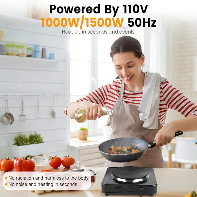 Electric Burner, Electric Hot Plate for Cooking Portable Cooking Stove, Countertop Burner Cooktop for Kitchen, Dorm, Temperature Control, Easy to Clean, Black