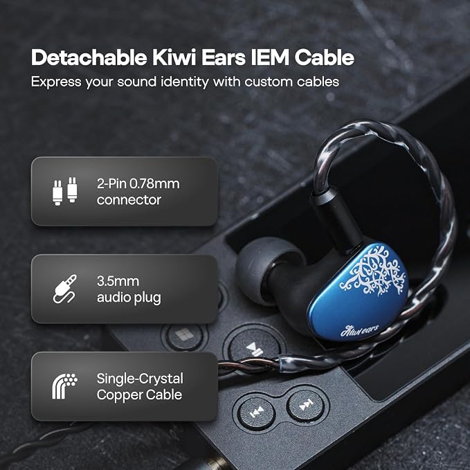 Kiwi Ears Cadenza II in Ear Monitor, 10mm Titanium Dynamic Driver IEM Earphone with KARS 2.0 for Precise Tonal Balance - CNC Aluminum Panel with Detachable 2-Pin Cable for Musicians (Blue)