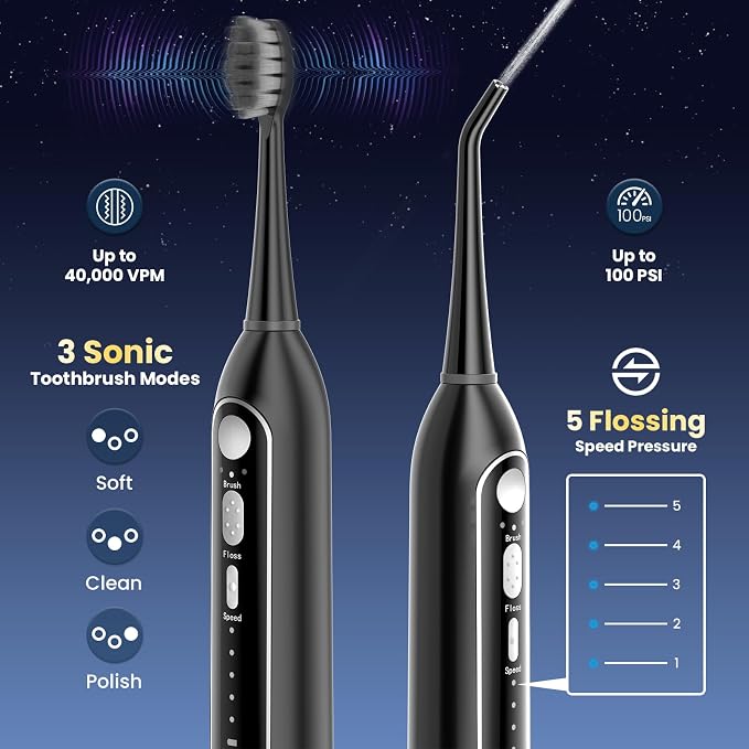 Electric Toothbrush with Water Flosser Combo, 3-in-1 Sonic Flossing Electric Toothbrush for Travel & Home, 330ml Easy-Clean Cup, 5 Speeds & 3 Modes for Braces, IPX7, 30-Day Battery, Black