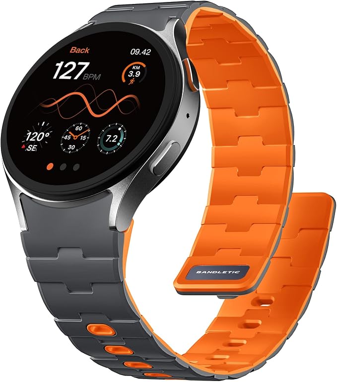 Bandletic 20mm No Gap Magnetic Band for Men Compatible with Samsung Galaxy Watch 7 6 5 4 FE 40mm 44mm/for Galaxy Watch 6 4 Classic 43mm 47mm 42mm 46mm/Watch 5 Pro 45mm,Spacegray-Orange