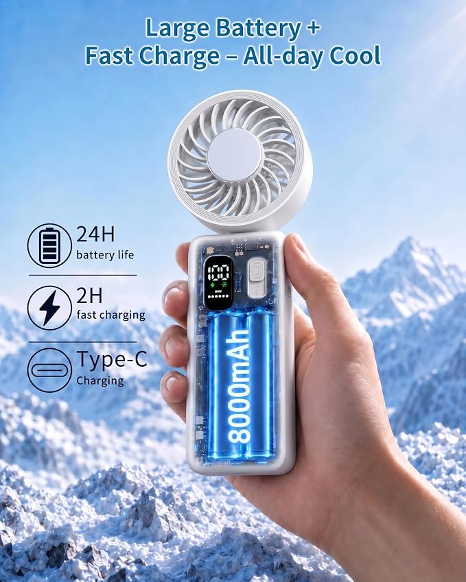 Portable Handheld Fan with Ice Cooling, 100 Speed Rechargeable Mini Desk Fan, Up to 12Hrs Cooling, Powerful Folding Personal Fan for Travel, Camping, Office (White)