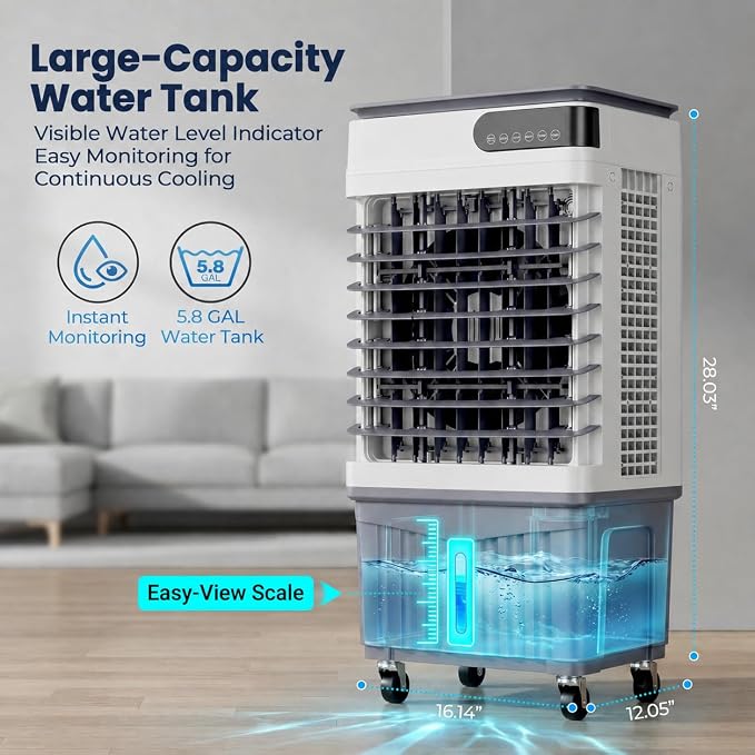 Evaporative Air Cooler, 5.8 Gal Portable Swamp Cooler,3 Speeds, 120° Oscillation, 1–12H Timer, Remote, 4 Ice Packs, for Patio, Garage, Bedroom, Small Room