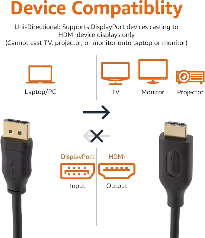 Amazon Basics DisplayPort to HDMI Cable, Uni-Directional, Gold-Plated, Video and Audio, 3 Foot, Black