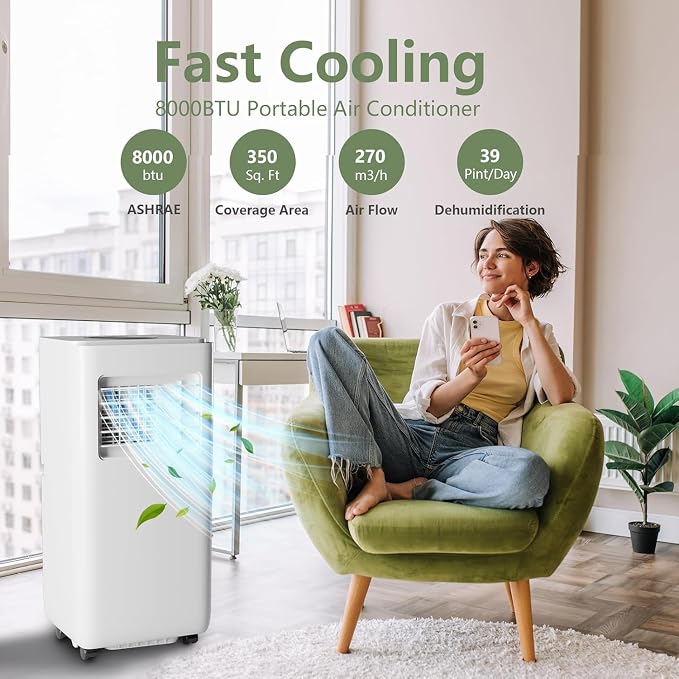8000BTU Portable Air Conditioners, 3-in-1 Remote Control AC with 24-Hour Timer, Cools Up to 350 Sq. Ft. Inside Air Conditioner with Sleep Mode, Window Kit