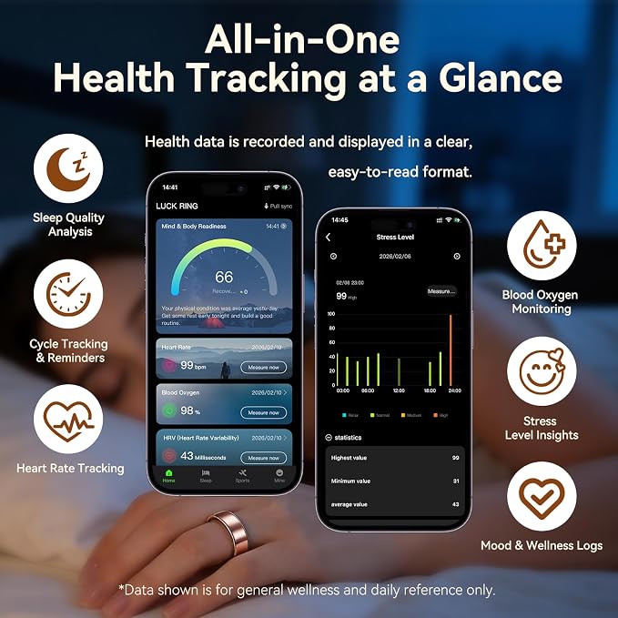 Smart Health Fitness Ring for Women & Men, Activity Tracker with Step Counter, Sleep Monitor & Stress Tracking, Waterproof, Compatible with Android & iOS, No Subscription Fee