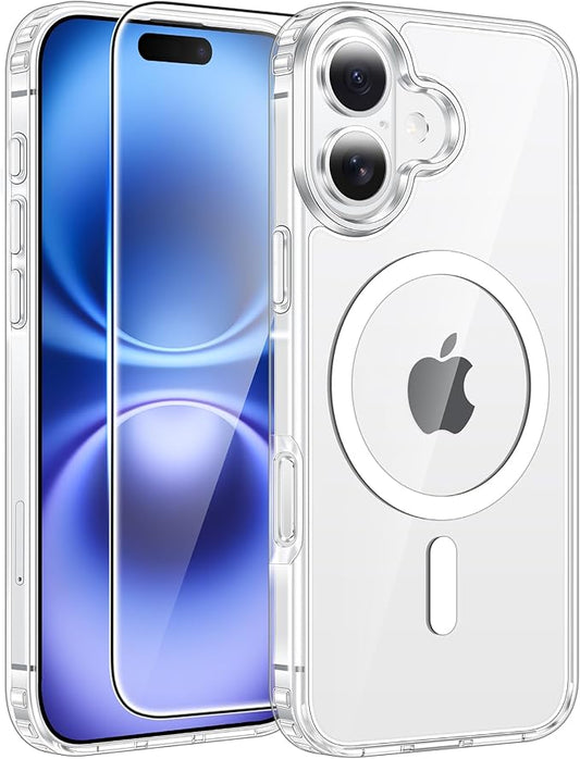 FNTCASE for iPhone 16 Plus Case: [Compatible with Magsafe] [Screen Protector] Anti Yellowing Transparent Clear Magnetic Phone Cover - Military Grade Shockproof Drop Proof Protective Cases - Clear