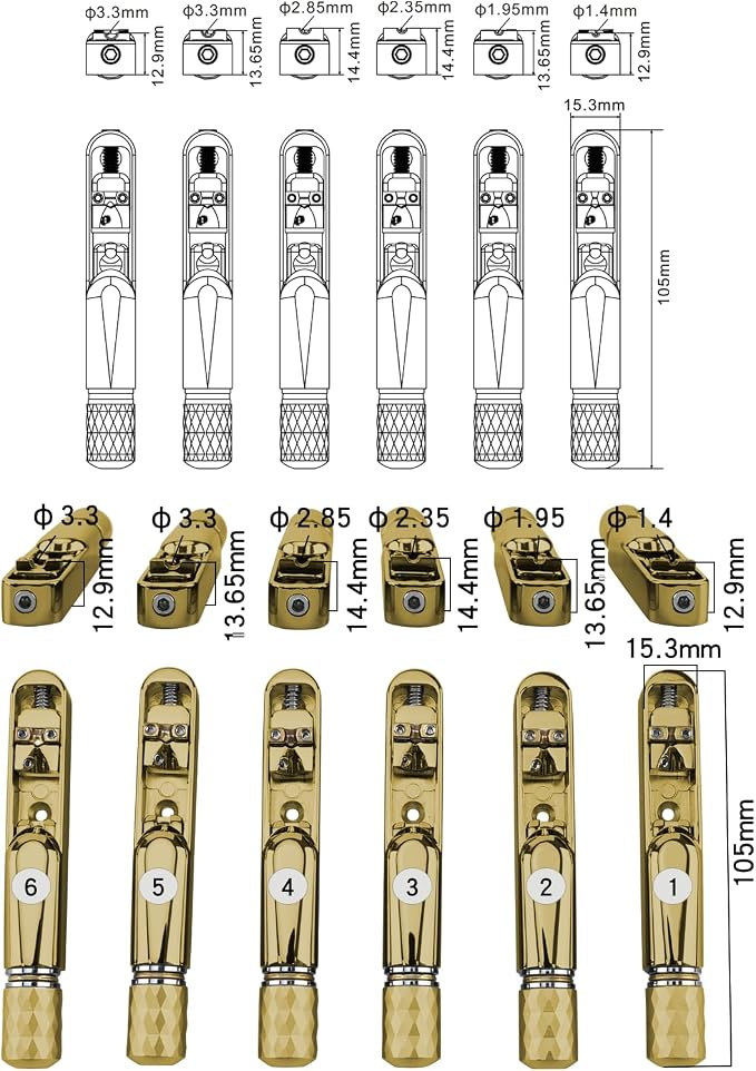 Pack of 6 Individual Single Tubular Fixed Bridge 6 String Electric Bass Bridge for Headless 6-string Bass Replacement Parts Gold