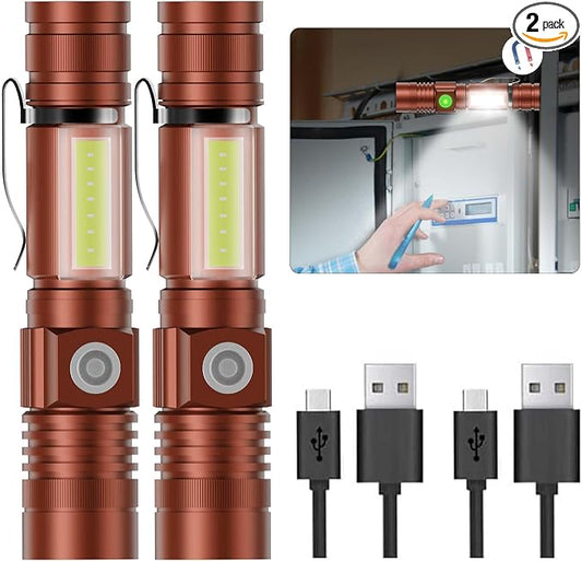 Hoxida Flashlight USB Rechargeable, Magnetic LED Flashlight, Super Bright LED Tactical Flashlight with Cob Sidelight, Waterproof, Zoomable Best Small LED Flashlight for Camping, Emergency - Brwon