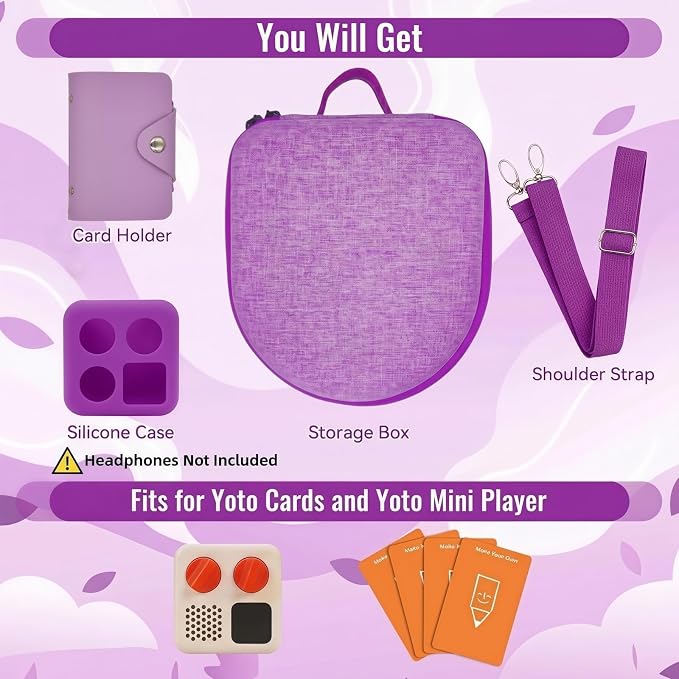 Hard Case Compatible with Yoto Mini (2024 Edition), 3-in-1 Travel Bundle: Silicone Cover + Case with Shoulder Strap (Fits Mini Player & Headphones) + Up to 10 Card Holder for YOTO Cards (Purple)