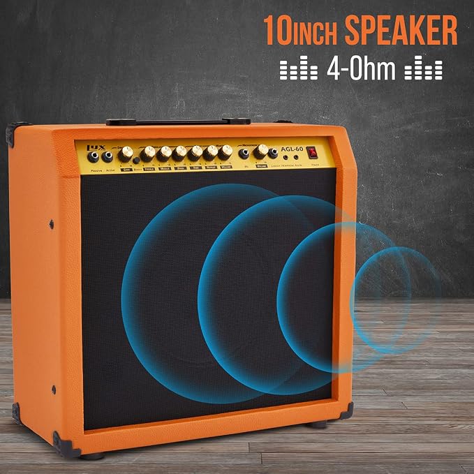 LyxPro 60 Watt Electric Guitar Amplifier, Combo Solid State Studio & Stage Amp with 10” 4-Ohm Speaker, Custom EQ Controls, Drive, Delay, ¼” Passive/Active/Mic Inputs, Aux In & Headphone Jack-Mahogany
