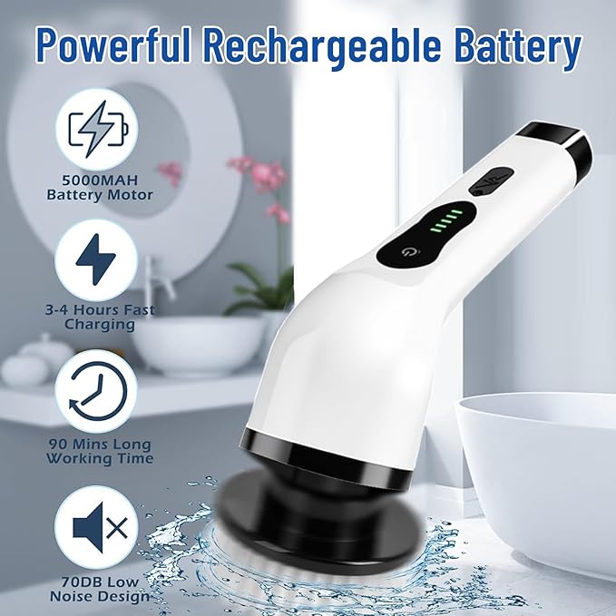 Electric Spin Scrubber, Cordless Cleaning Brush Scrubber with 12 Replaceable Brush Heads, 360 Power Scrubber Dual Speed with Adjustable & Detachable Handle for Bathroom Kitchen Car (White)