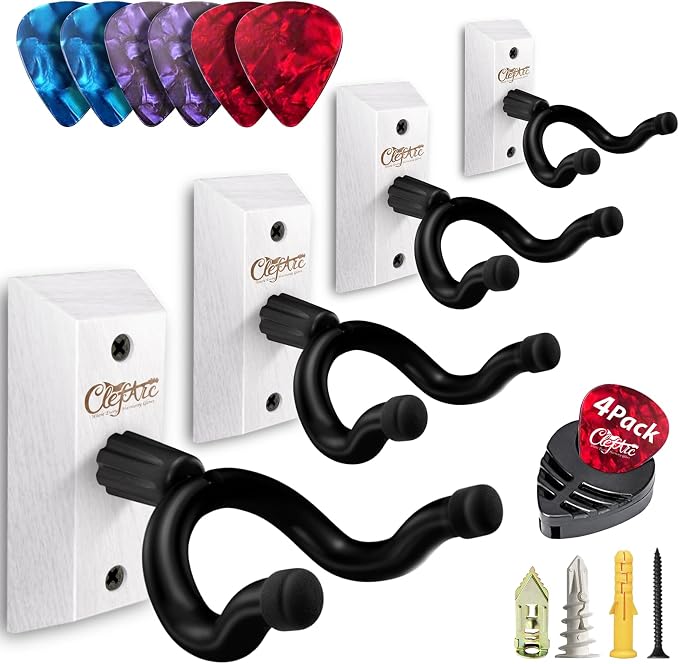 Guitar Pick Holders, Black Guitar Wall Mount 4 Pack, White
