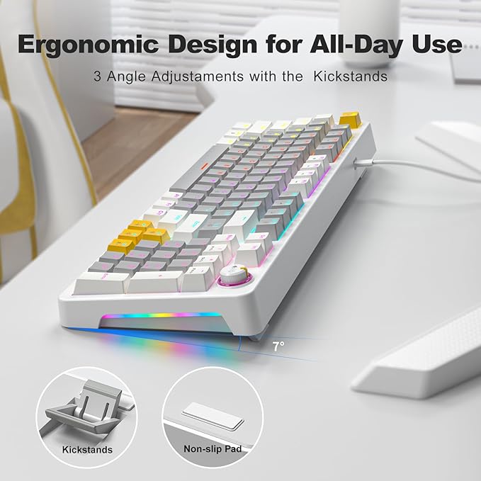 MOFII AK96 Mechanical Gaming Keyboard, Full Keys LED Backlit Programmable, Plug and Play USB A/C Wired Computer Custom Keyboard with Sound/Light Control Knob for Win/Mac - Gray & White