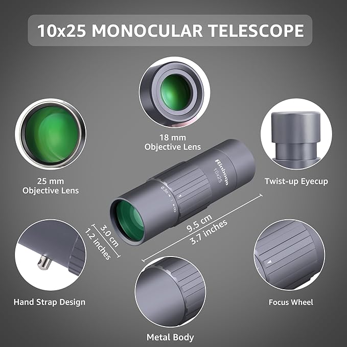 10x25 Monocular Telescope, Mini Pocket Small Size Compact Handheld Portable Lightweight ED Glass HD Optics BAK-4 Roof Prism High Powered Waterproof for Adults Camping Hiking Travel Bird Watching