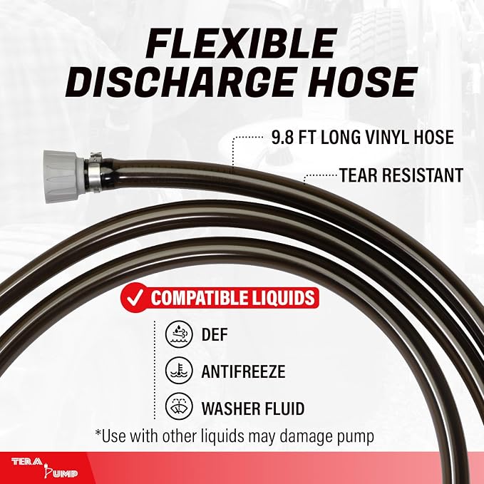 TERA PUMP Electric Powered 55 Gallon Drum Barrel Pump, 2.4GPM | Quick Stop Flow Control Nozzle, 9.8-ft XL Heavy-Duty Vinyl Hose, 39" Flexible Intake Hose, For DEF, Antifreeze, Washer Fluid
