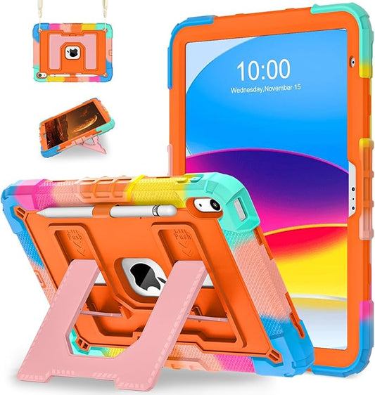 WESOROL Case for iPad A16 11th Generation 11 Inch (2025) iPad 10th Generation 10.9 Inch (2022),i Pad A16 Case Military Grade Shockproof Cases with Pencil Holder Shoulder Strap,Colorful Orange